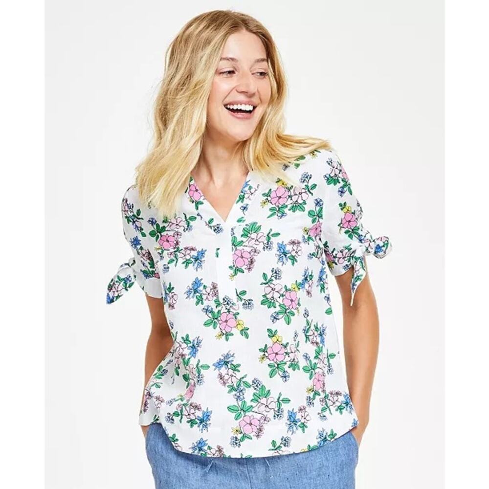 Charter Club Quiet Luxury Colorful Floral 100% Linen Bow Sleeve Top Size Medium